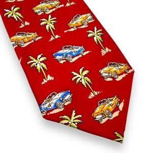 Mens Silk Tie Surfing Retro Ragtop Cars Tropical Novelty 3x55" Class Club Red